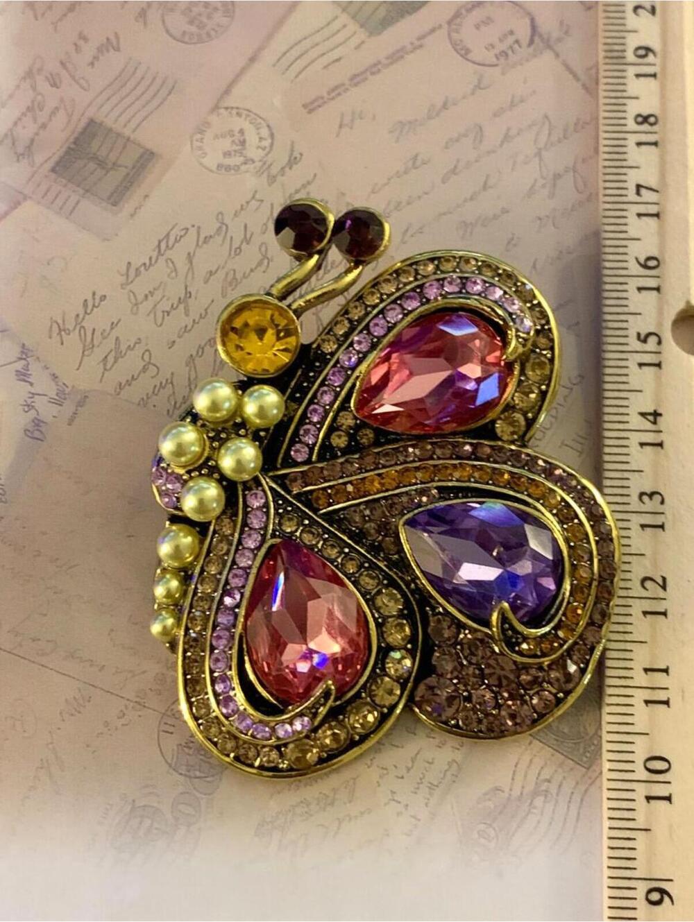 Beautiful Butterfly Brooch Yellow Metallic Multicolored Rhinestone Statement Pin - Picture 3 of 4